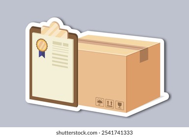 Delivery label. Volumetric cardboard box with clipboard. Logistics, transportation and shipping. Online shopping and ecommerce. Quality control. Flat vector illustration isolated on grey background