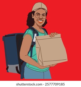 A delivery lady carrying a package in one hand and wearing a backpack, exuding energy and determination, dressed in casual work attire, set in an urban or outdoor delivery setting.