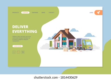 Delivery landing. Urban landscape with truck on road cargo concept vector web page template