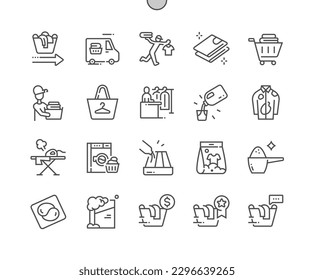 Delivery laundry service. Housekeeping. Cash counter. Dirty clothes. Washing machine. Pixel Perfect Vector Thin Line Icons. Simple Minimal Pictogram