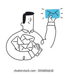 Delivery of the letter. Happy man holding closed letter in his hand. E-mail marketing, correspondence, newsletters. Outline, linear, thin line, doodle art. Simple style with editable stroke.