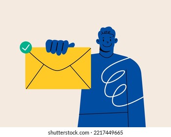 Delivery of the letter. Happy man or manager holding closed letter in his hand. Colorful vector illustration 
