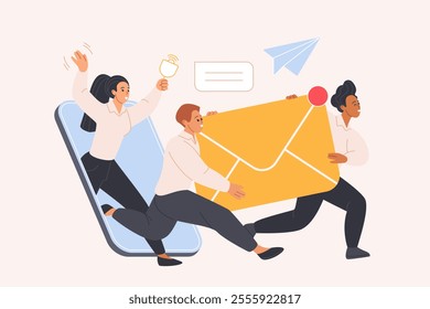 Delivery of letter and message to inbox of mail platform, subscription automation. Marketing team of tiny happy characters carry big envelope from mobile phone screen cartoon vector illustration