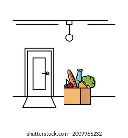 Delivery line art concept. The food basket and closed door. Vector illustration on white background