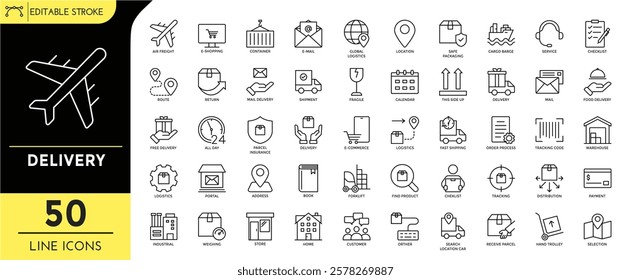 Delivery Line editable Icon set. Editable Stroke. Containing icons: air freight, container, e-mail, global logistics, shipment, tracking code, logistics, industrial, and more. Vector Illustration.