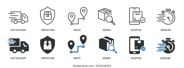 Delivery line and glyph solid icons collection. Minimal icon and symbol series vector illustration