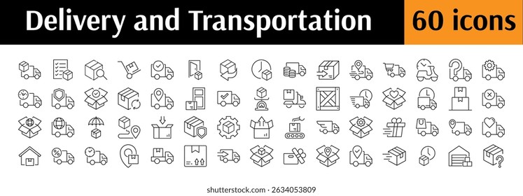 Delivery Line Icon Bundle. Transport, Parcel, Cargo, Truck Outline Signs for Graphic and Web Design, Apps, Adverts, Various Cards 