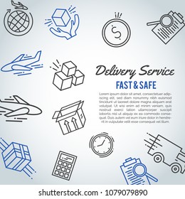 Delivery line icon bussiness brochure. Shipment text. Logistic service card Vector