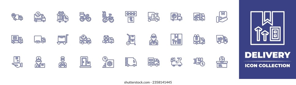 Delivery line icon collection. Editable stroke. Vector illustration. Containing lorry, product, supplier, gift box, world, time, delivery, truck, delivery man, bike.