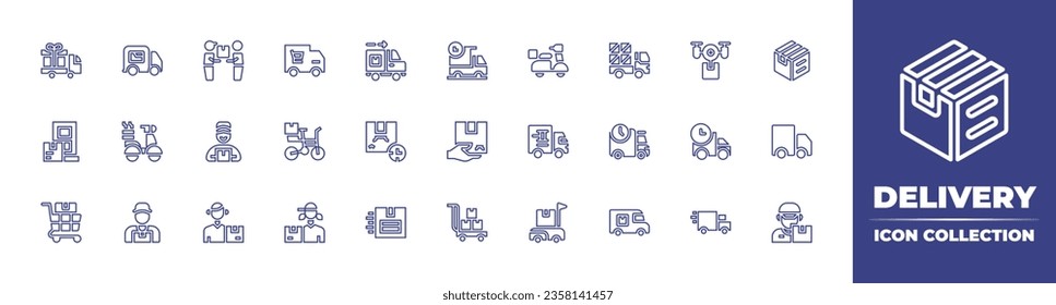 Colección de iconos de línea de entrega. Trazo editable. Ilustración vectorial. Conteniendo drones, cajas, envío y entrega, camión, entrega, camioneta, bicicleta.