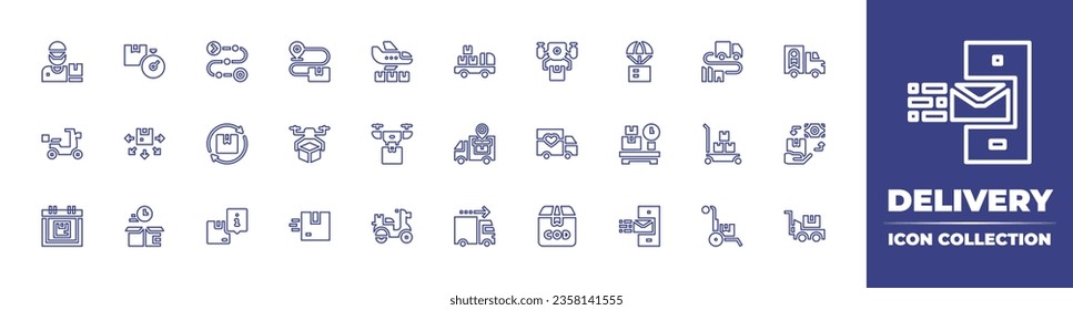 Delivery line icon collection. Editable stroke. Vector illustration. Containing courier, scooter, fulfillment, package, bike, padlock, robot, fast, truck, delivery.