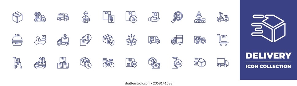 Kollektion von Lieferlinien-Symbolen Bearbeitbarer Strich. Vektorgrafik. Mit LKW, schnell, Lieferwagen, Verpflegung, Paket, Kurier, Nachnahme, Box, Rücksendung, Verspätung.