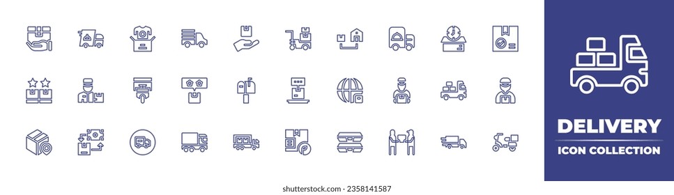 Delivery line icon collection. Editable stroke. Vector illustration. Containing box, fast, van, delivery man, time, truck, door delivery.