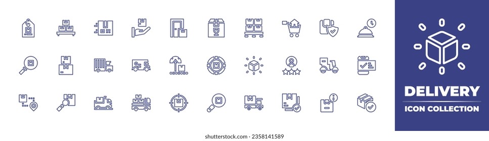Kollektion von Lieferlinien-Symbolen Bearbeitbarer Strich. Vektorgrafik. Mit Lieferbox, Mittagszeit, Verkauf, Roller, Bestellung, Rate, Informationen, Genehmigung, Boxen, Lieferwagen, Palette, Paket.
