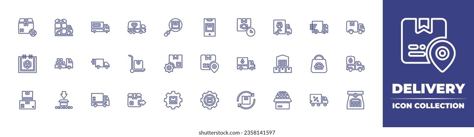 Colección de iconos de línea de entrega. Trazo editable. Ilustración vectorial. Conteniendo entrega, envío global, paquete, expreso, servicio, camión, efectivo, carro, carro de entrega.
