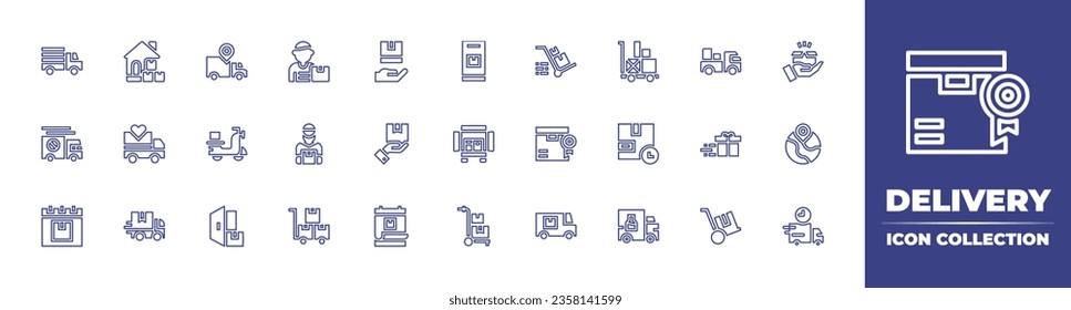 Delivery line icon collection. Editable stroke. Vector illustration. Containing truck, service, box, time, food, van, bike, delivery.