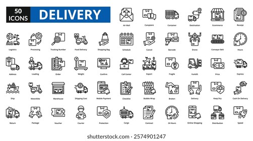 Delivery line icon collection set. Includes transfer, import, labor, giving, export, flight, sale, distribution, transit, transportation