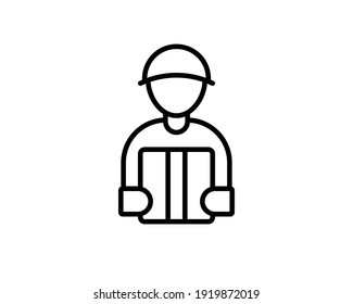 Delivery line icon. Courier with parcel box concept. Thin line style. Black vector courier delivery service icon isolated on white background.