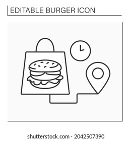 Delivery line icon. Fast delivery from cafe to location. Ordering delicious burgers. Fast food concept. Isolated vector illustration. Editable stroke