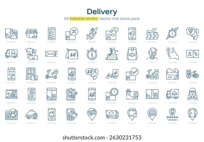 Paquete de iconos de línea de entrega. Conjunto de iconos de trazo de entrega. Icono de trazo editable