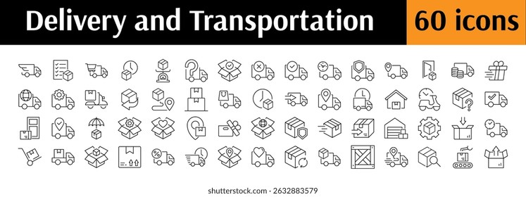 Delivery Line Icon Pack. Transport, Parcel, Cargo, Truck Outline Signs for Graphic and Web Design, Apps, Adverts, Various Cards