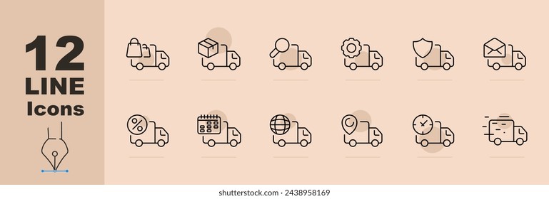 Delivery line icon set. Courier, mail, cargo transportation, logistics, goods, internet, store, furniture, food, transport company. Pastel color background. Vector line icon for Business