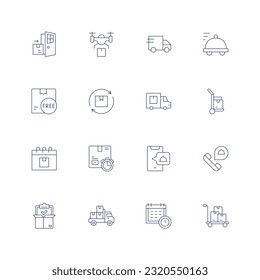 Delivery line icon set. Editable stroke. Thin line icon. Containing door to door, drone delivery, express, food delivery, free, renewal, shipment, hand truck, shipping, on time.