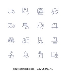 Delivery line icon set. Editable stroke. Thin line icon. Containing box car, box, cake dome, worldwide, delivery.