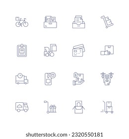 Delivery line icon set. Editable stroke. Thin line icon. Containing bike, books, box, clipboard, construction vehicle, credit card payment, deliver, delivery.