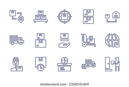 Delivery line icon set. Editable stroke. Vector illustration. Containing global, delivery truck, timetable, delivery bike, online order, door to door, out of stock, insurance, trolley, package.