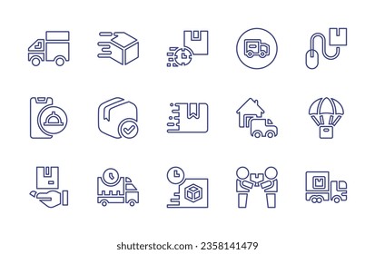 Juego de iconos de línea de entrega. Trazo editable. Ilustración vectorial. Conteniendo camión de entrega, envío, caja de entrega, carro.