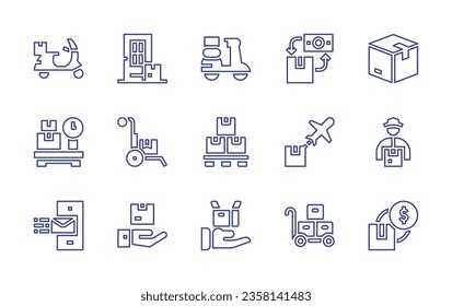 Juego de iconos de línea de entrega. Trazo editable. Ilustración vectorial. Conteniendo cuidado, caja, caja, camión, tiempo, entrega, bicicleta de entrega.