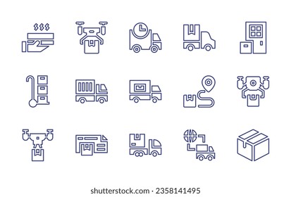 Delivery line icon set. Editable stroke. Vector illustration. Containing courier, delivery bike, padlock, delivery courier, cash on delivery, weight scale, checklist, trolley, time, connection.
