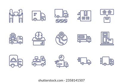 Juego de iconos de línea de entrega. Trazo editable. Ilustración vectorial. Con entrega, entrega de comida, camión, caja.