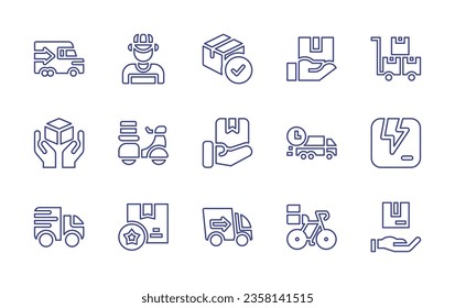 Symbol für die Lieferlinie eingestellt. Bearbeitbarer Strich. Vektorgrafik. Mit Roller, Lieferwagen, erfüllt, Roboter, Türlieferung, Motorrad, Tracking, Lieferkette, Industrie, Route.