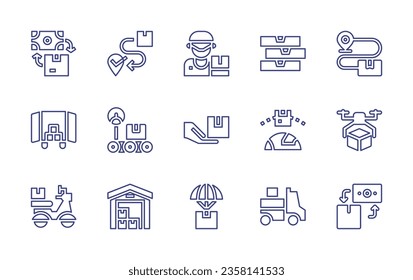 Juego de iconos de línea de entrega. Trazo editable. Ilustración vectorial. Con camión de entrega, seguro, entrega, venta, ciclomotor, tarifa, información, caja de entrega.