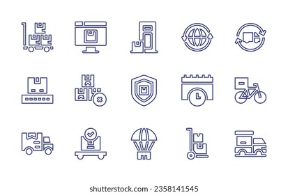 Juego de iconos de línea de entrega. Trazo editable. Ilustración vectorial. Con cartón, efectivo a la entrega, repartidor, camión, entrega, ciclomotor.