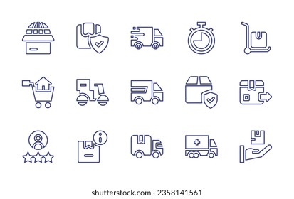 Delivery line icon set. Editable stroke. Vector illustration. Containing product, protected, delivery, bike, box, cart, truck.