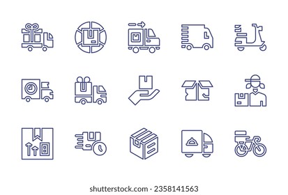 Juego de iconos de línea de entrega. Trazo editable. Ilustración vectorial. Conteniendo bicicleta, repartidor, camión, rápido, entrega.