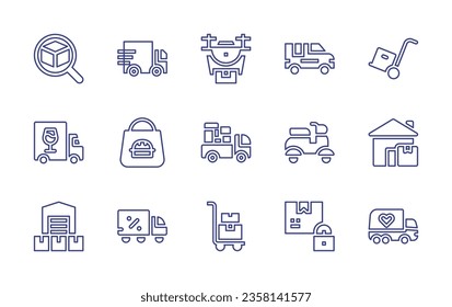 Delivery line icon set. Editable stroke. Vector illustration. Containing order tracking, van, delivery, shopping bag, wheelbarrow, home delivery, drone.