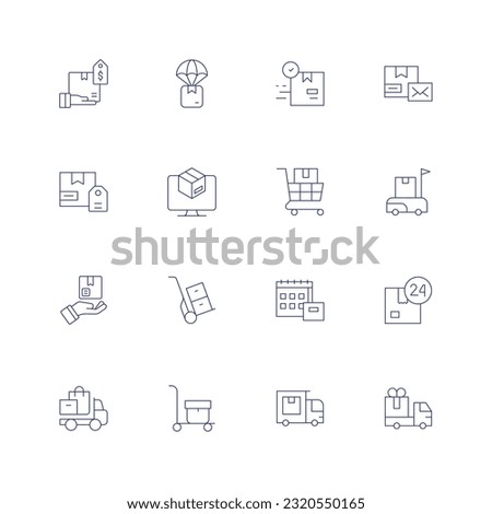 Delivery line icon set. Editable stroke. Thin line icon. Containing box, product, trolley, delivery day, package, truck.