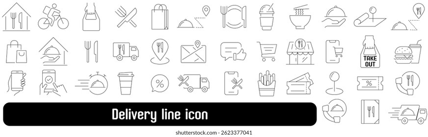 A delivery line icon set features various symbols including food, drink, shopping, transportation, and communication, perfect for modern delivery service concepts and digital applications