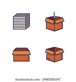 Conjunto de iconos de línea de entrega. Cajas de cartón abiertas y vacías, caja hecha de tablones de madera. Contenedores para el concepto de transporte. Ilustración vectorial para Diseños web y App