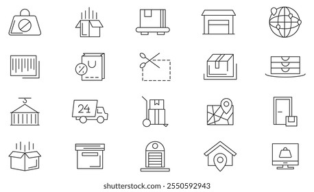 Delivery line icon set. Testimonials, shipping, shopping cart, delivery, boxes, cargo, crumpled box, E-commerce, store, product, purchase line icon set. UI thin line icon pack.