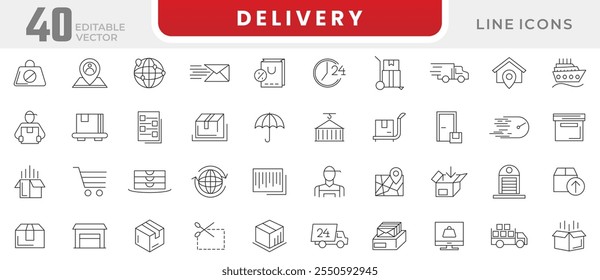 Delivery line icon set. Testimonials, shipping, shopping cart, delivery, boxes, cargo, crumpled box, E-commerce, store, product, purchase line icon set. UI thin line icon pack.