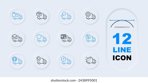 Delivery line icon set. Van, transportation, search, gear, mail, box, information. Neomorphism style. Vector line icon for Business