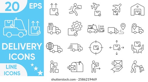 Delivery Line icon set.Containing order tracking, delivery home, warehouse, scooter, truck, bicycle, Box, Package, courier and more.Vector and illustrator set.