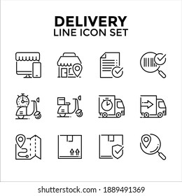 Icono de línea de entrega, conjunto de iconos de línea simple incluye ecommerce, lugar de destino, código de seguimiento, clasificación, transporte, camión, motocicleta, navegador, ilustración de diseño de carga sobre fondo blanco