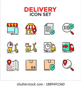 Icono de línea de entrega, conjunto de iconos de línea sólida incluyen ecommerce, lugar de destino, código de seguimiento, clasificación, transporte, camión, motocicleta, navegador, ilustración de diseño simple de carga sobre fondo blanco