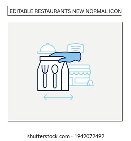 Icono de línea de entrega. Salida de los restaurantes. La mano guante da comida. Pedido en línea. Regulación a través de covid19. Los restaurantes tienen un nuevo concepto normal. Ilustración vectorial aislada.Icono editable